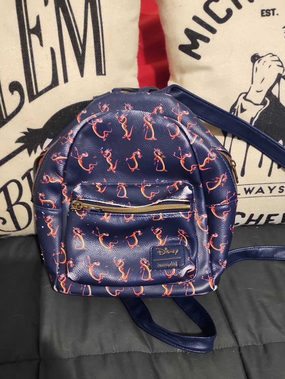 Loungefly Navy & Orange Mushu Disney Pattern Mini Backpack